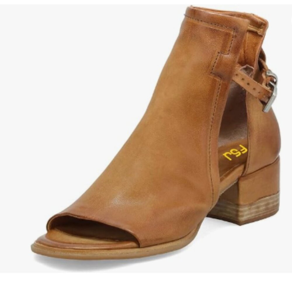 FSJ Brown Peep Open Toe Cut Out Buckle Ankle Boot Block Low Heeled Sandal